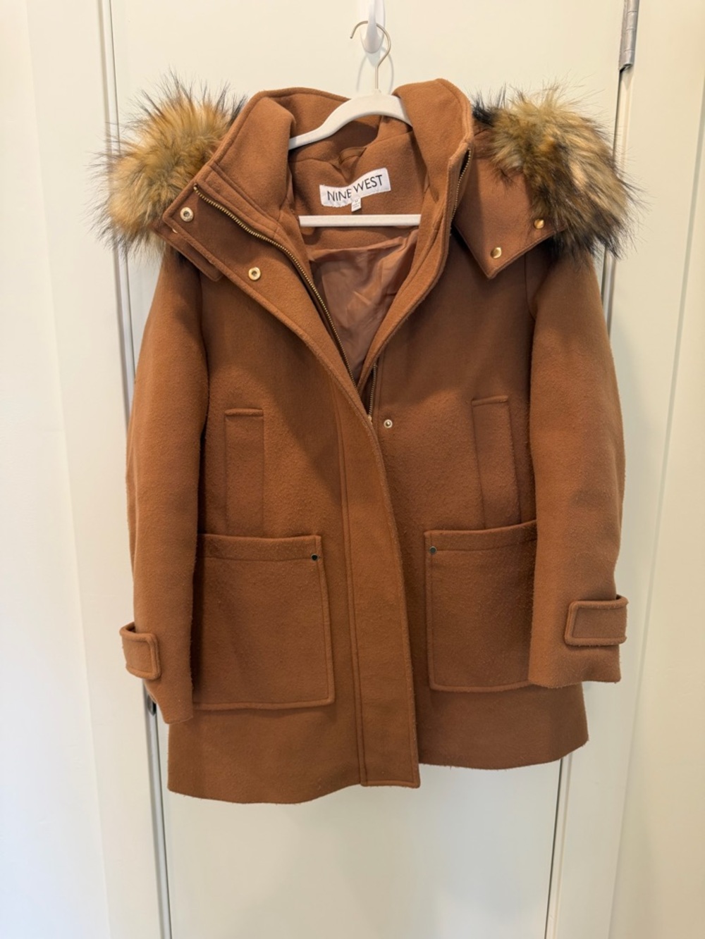 Nine West Camel Wool-Blend Coat with Hood